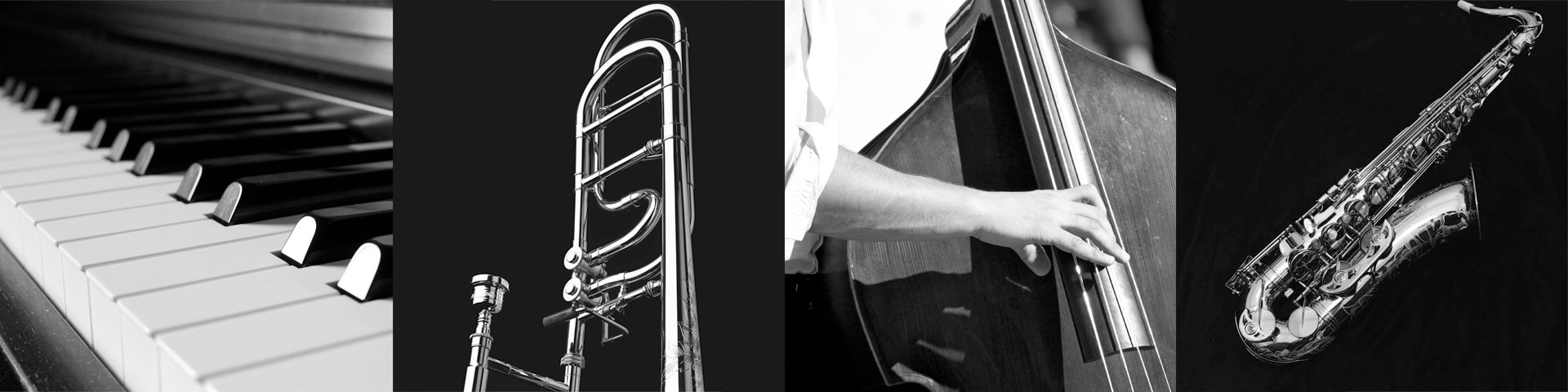Collage of jazz instruments: piano, trombone, standup bass, and saxaphone