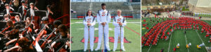 A collage of three images: the orchestra, three drum majors, and the marching band