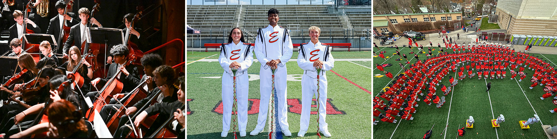 A collage of three images: the orchestra, three drum majors, and the marching band